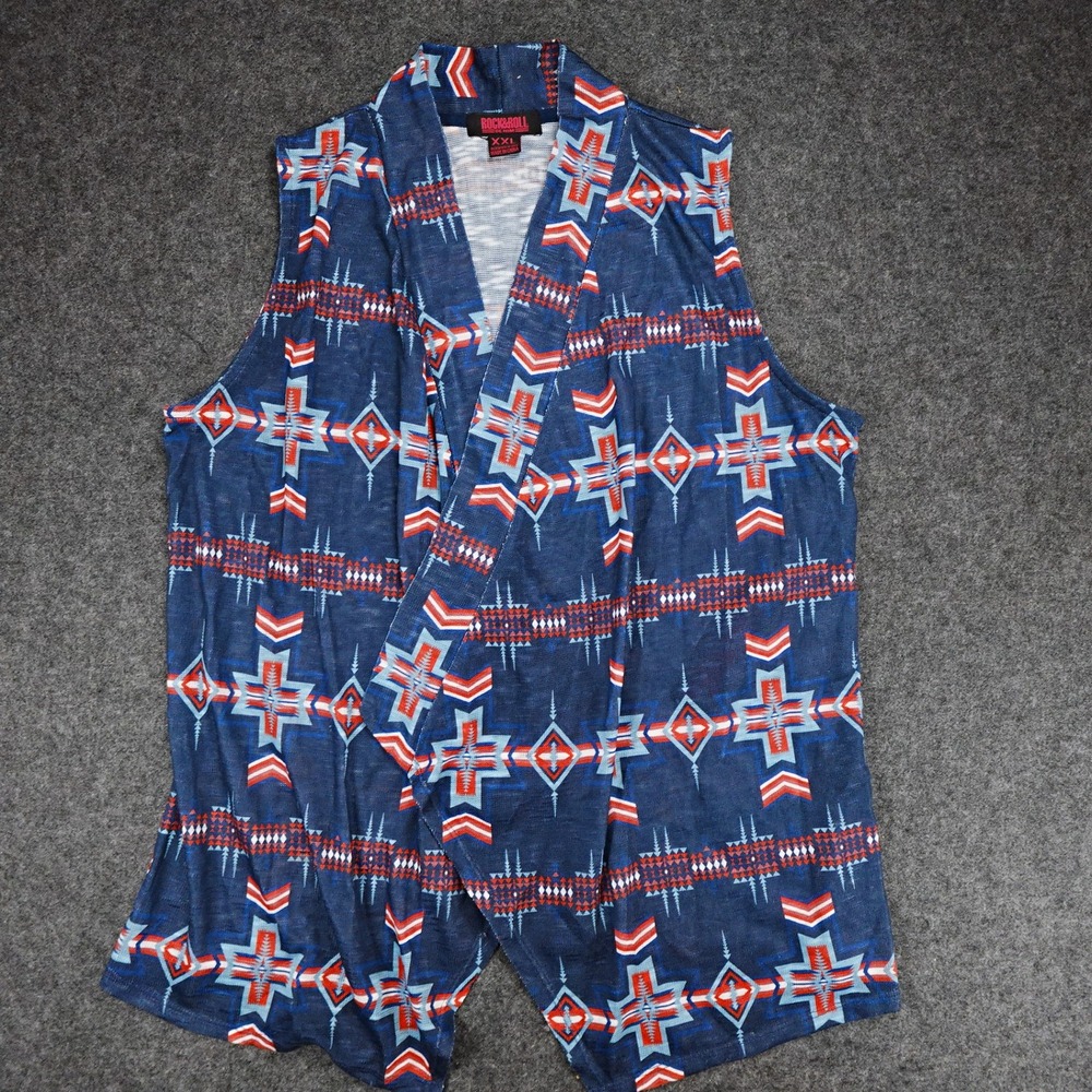 Rock & Roll Denim Vest Womens XXL Sleeveless Southwestern Aztec Print‎ Blue NWT